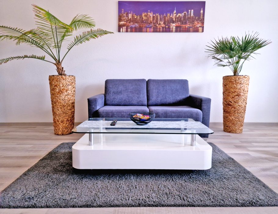 Wohnzimmer Zweckmäßiges Wohnzimmer mit grauem Sofa, Glastisch und Pflanzen in großen Töpfen.