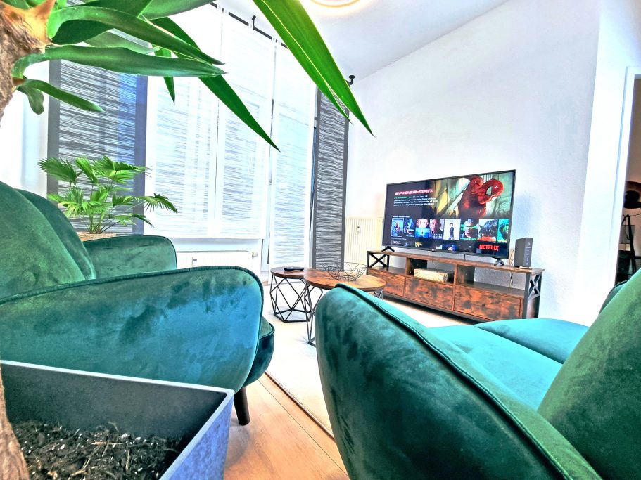 Wohnbereich Gemütlicher Wohnraum mit grünen Sesseln, TV und Pflanzen im Hintergrund.